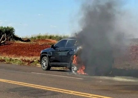 VEÍCULO COM PLACAS DE SP PEGA FOGO NA MS-141; MOTORISTA NÃO FOI LOCALIZADO